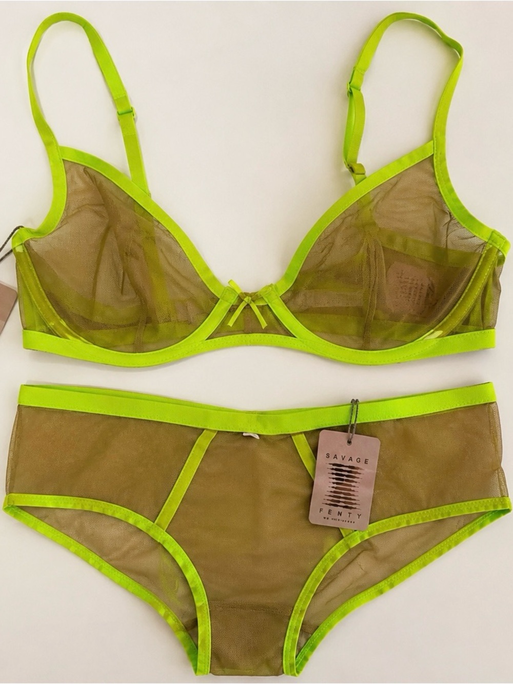 Savage X Fenty Rihanna Sheer Mesh Bra Panty Set 32A XS Lime Green Trim NWT *